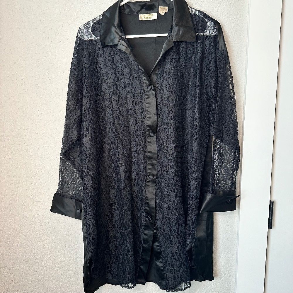 Victoria’s Secret Gold Label Black Satin Sheer Lace Button Front Nightgown S